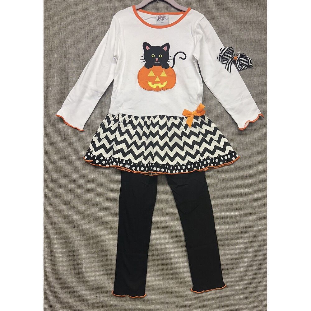 BNWT Ann Loren Halloween Black Cat In Pumpkin Dress Pants Set Girls Size 6